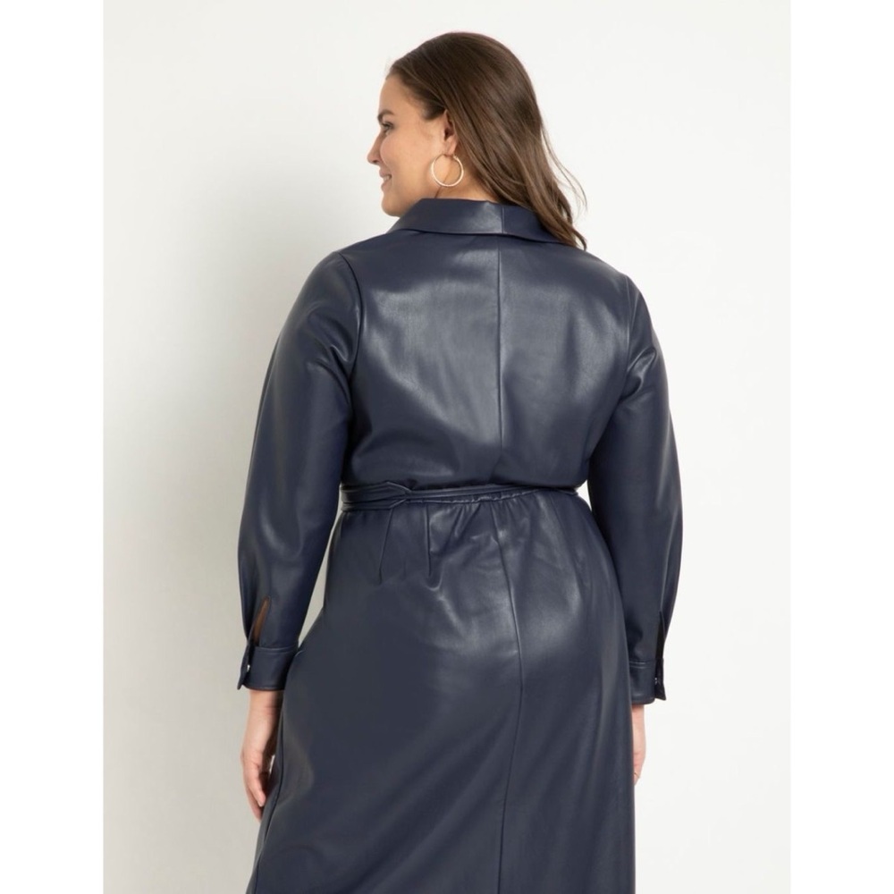 Eloquii Shawl Collar Vegan Leather Navy Wrap Dress Midi Chic Trench Coat - Picture 4 of 8